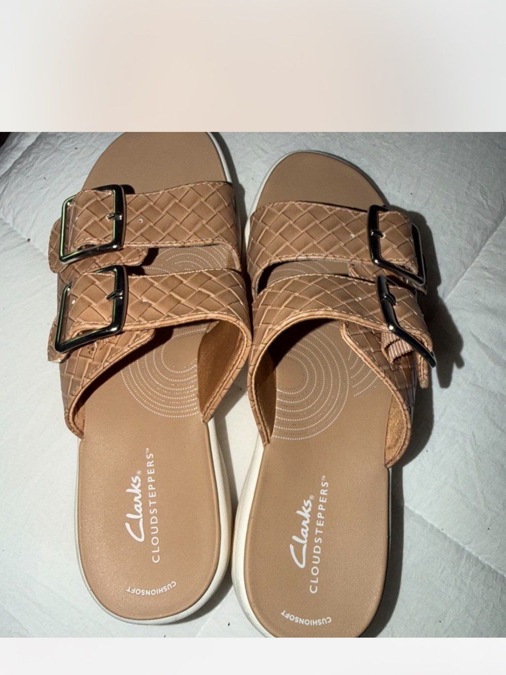 Clarks Women's Warm Beige Drift Buckle Slide Sandals